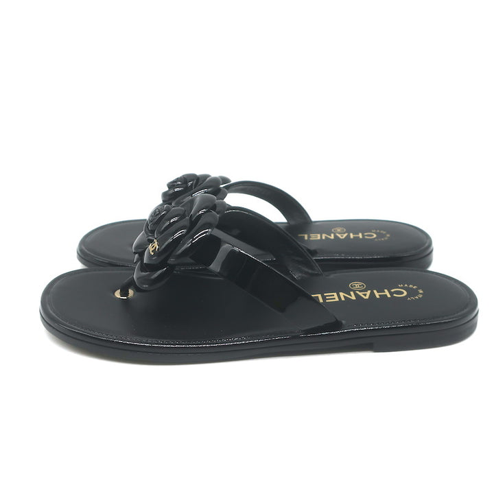 Chanel Camellia Jelly Thong Sandals Black Size 38