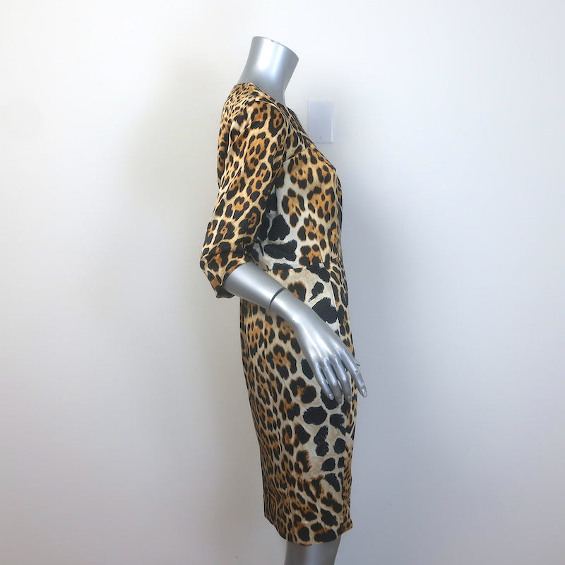 Yves Saint Laurent Leopard Print Silk Satin Sheath Dress Brown Size 44