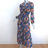 SALONI Ginny Long Sleeve Maxi Dress Navy Tiger Print Ruffled Silk Size US 2