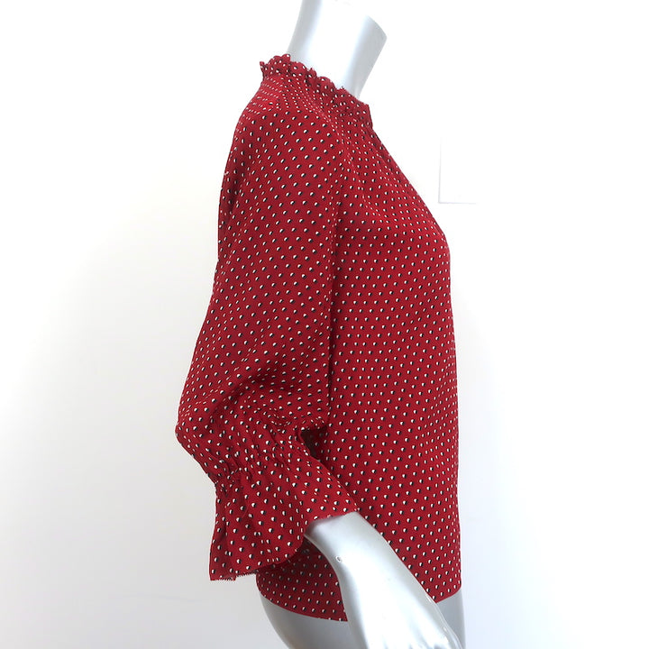 FRAME Blouse Brooke Red Heart Print Silk Size Small Ruffle Sleeve Top