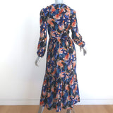 SALONI Ginny Long Sleeve Maxi Dress Navy Tiger Print Ruffled Silk Size US 2