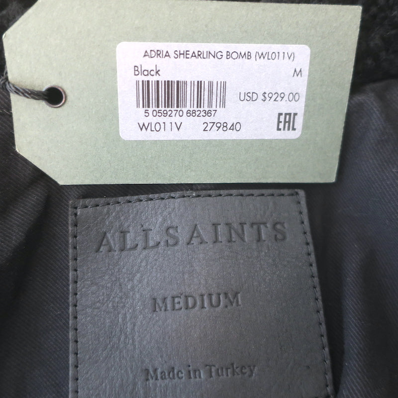 AllSaints Adria Shearling Bomber Jacket Black Size Medium NEW