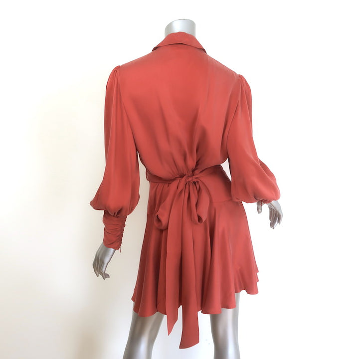 Zimmermann Blouson-Sleeve Mini Wrap Dress Crimson Washed Silk Size 2