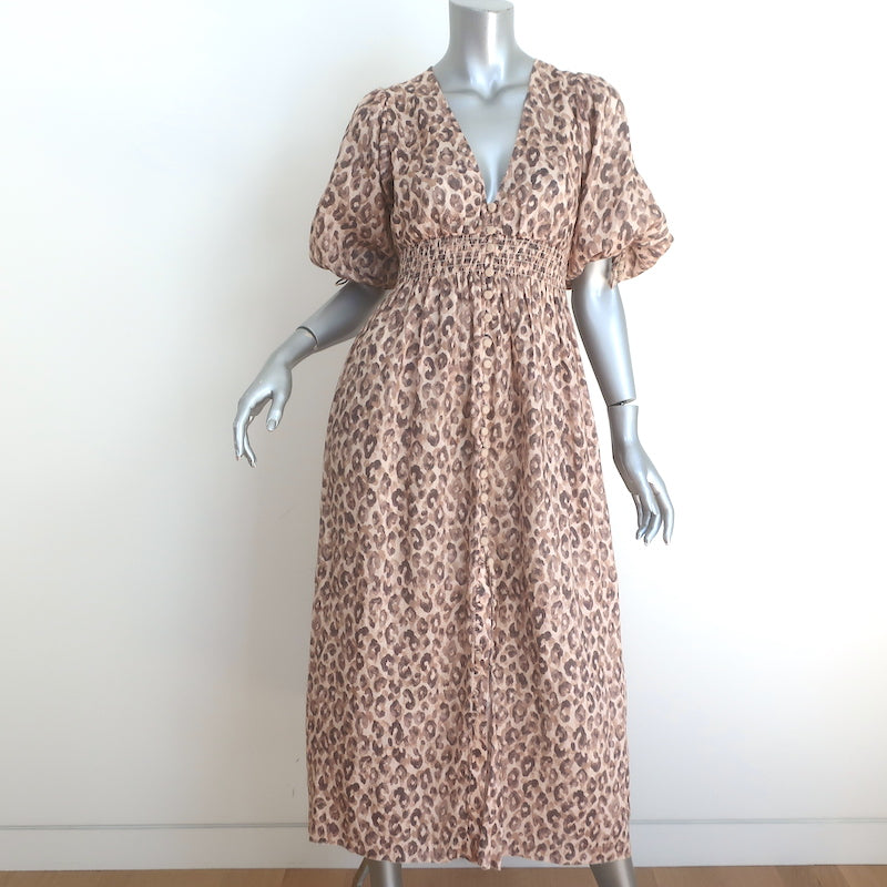 Zimmermann Melody Puff Sleeve Midi Dress Leopard Print Linen Size 0 Celebrity Owned Zimmermann Melody Puff Sleeve Midi Dress Leopard Print Linen Size 0 Celebrity Owned
