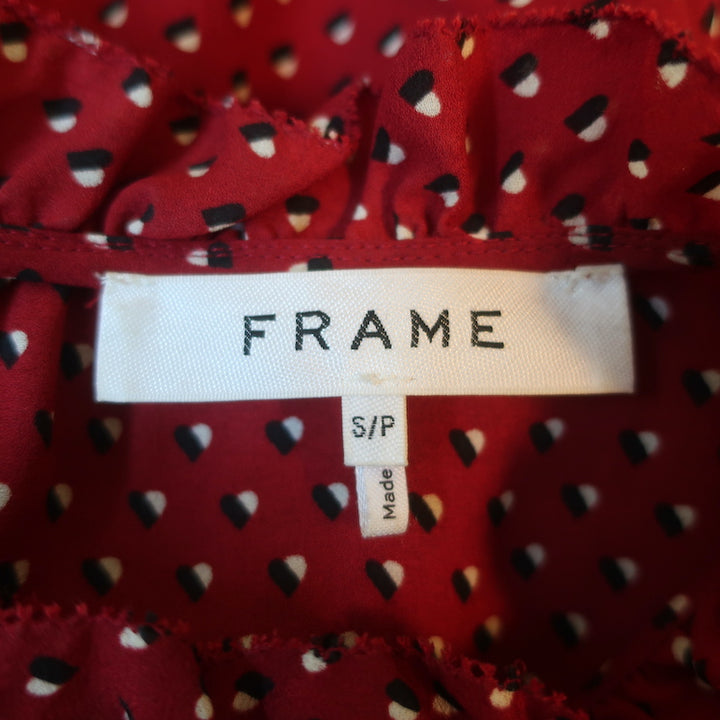 FRAME Blouse Brooke Red Heart Print Silk Size Small Ruffle Sleeve Top