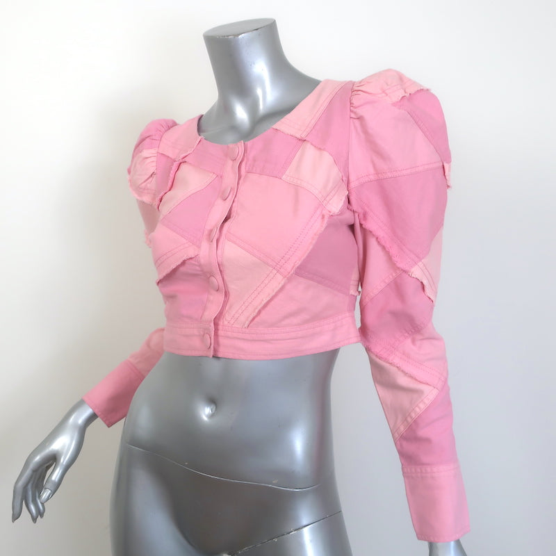 LoveShackFancy Eleora Cropped Puff Sleeve Jacket Pink Patchwork Cotton Size 00