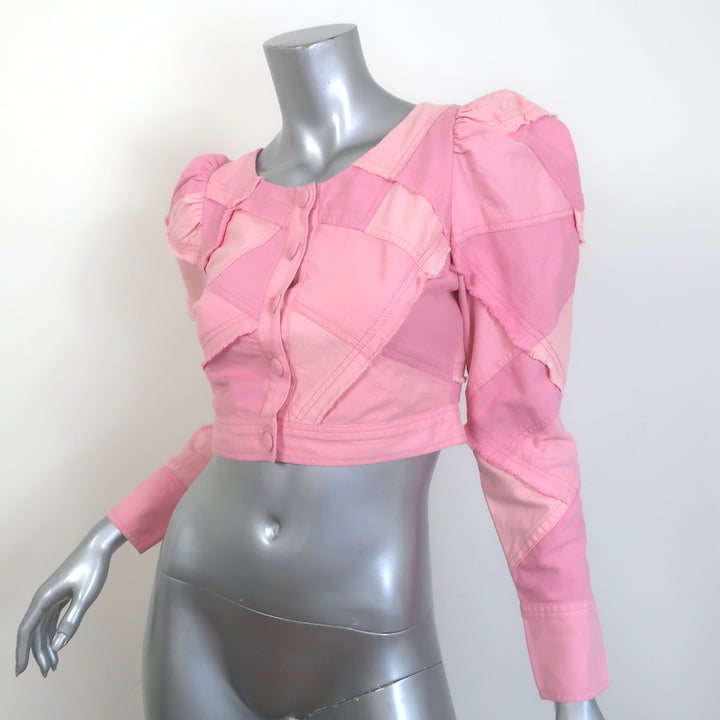 LoveShackFancy Eleora Cropped Puff Sleeve Jacket Pink Patchwork Cotton Size 00