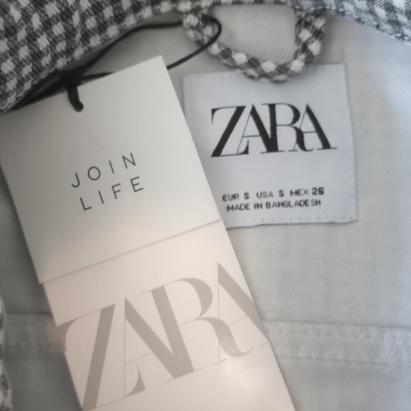 Zara Gingham Check Denim Jacket Gray/White Size Small NEW