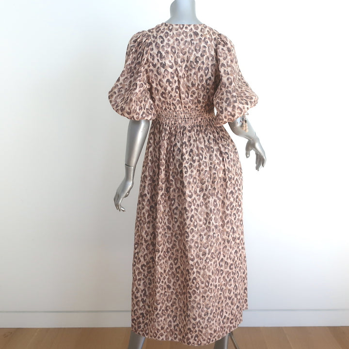 Zimmermann Melody Puff Sleeve Midi Dress Leopard Print Linen Size 0