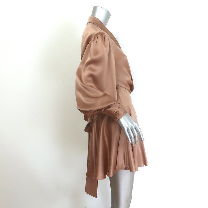 Zimmermann Blouson-Sleeve Mini Wrap Dress Biscuit Silk Satin Size 3