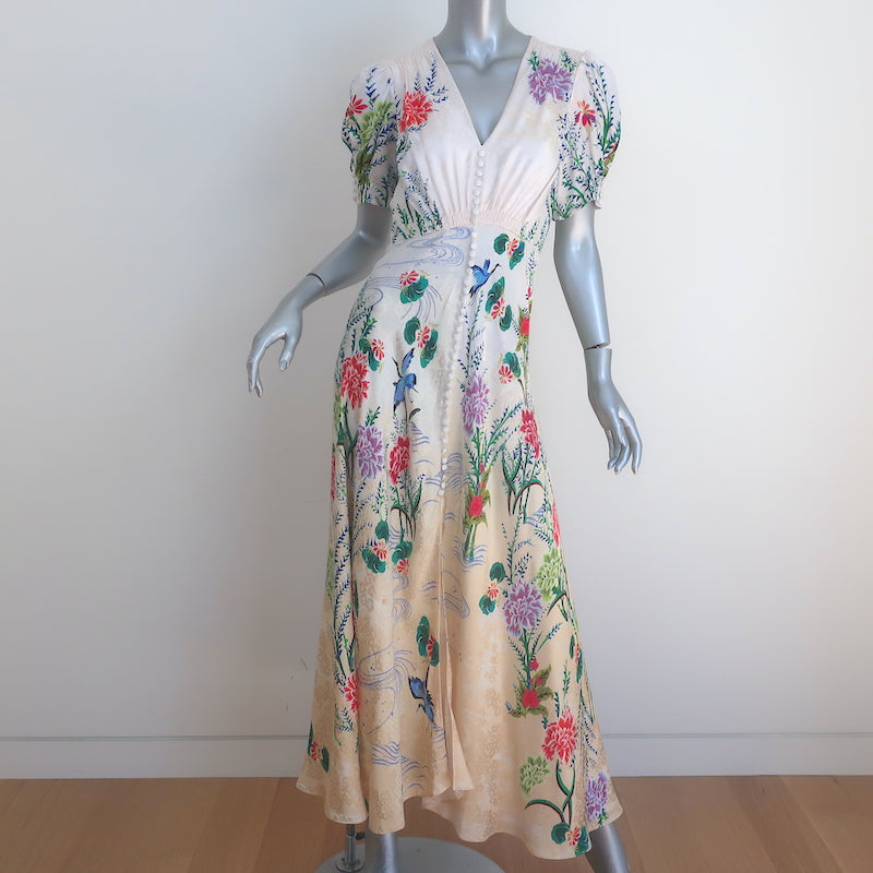 SALONI Lea Short Sleeve Maxi Dress Cream Floral Print Silk Satin Size Celebrity Owned SALONI Lea Short Sleeve Maxi Dress Cream Floral Print Silk Satin Size Celebrity Owned
