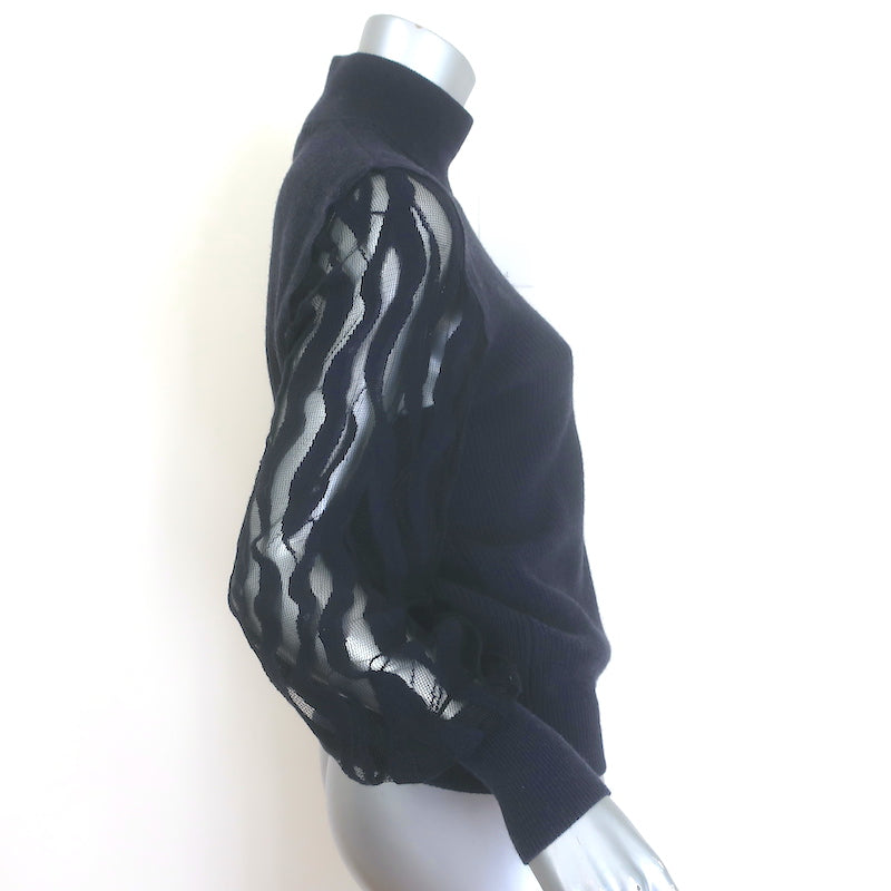 Peserico Lace-Sleeve Turtleneck Sweater Navy Ribbed Wool Size 38 NEW