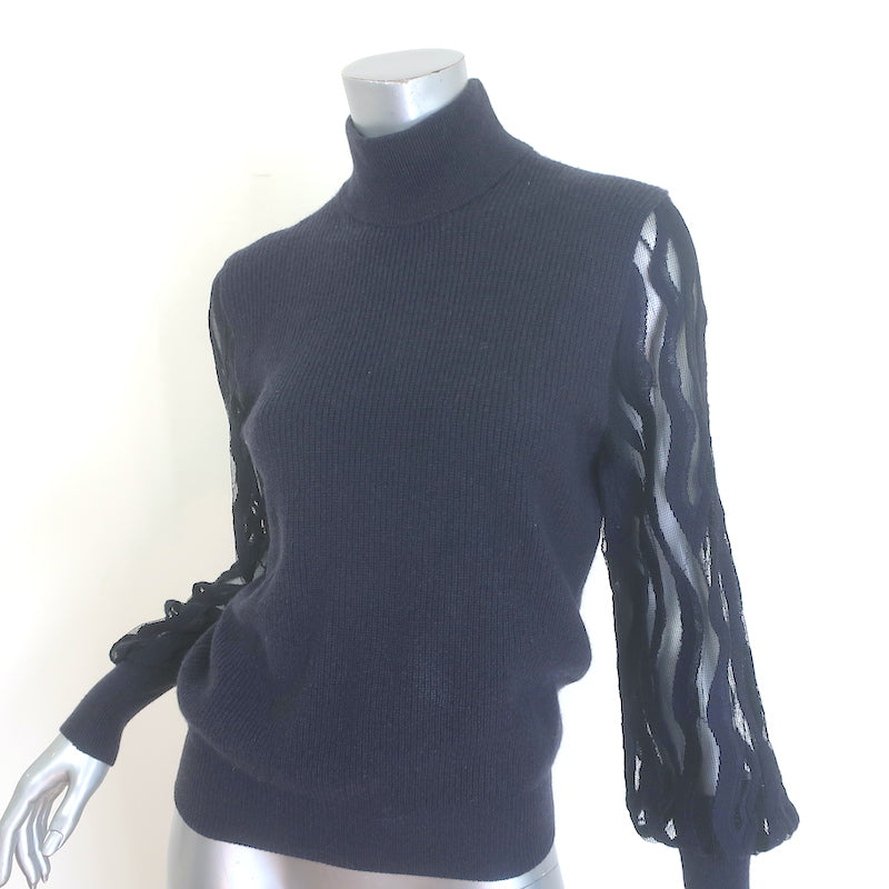 Peserico Lace-Sleeve Turtleneck Sweater Navy Ribbed Wool Size 38 NEW