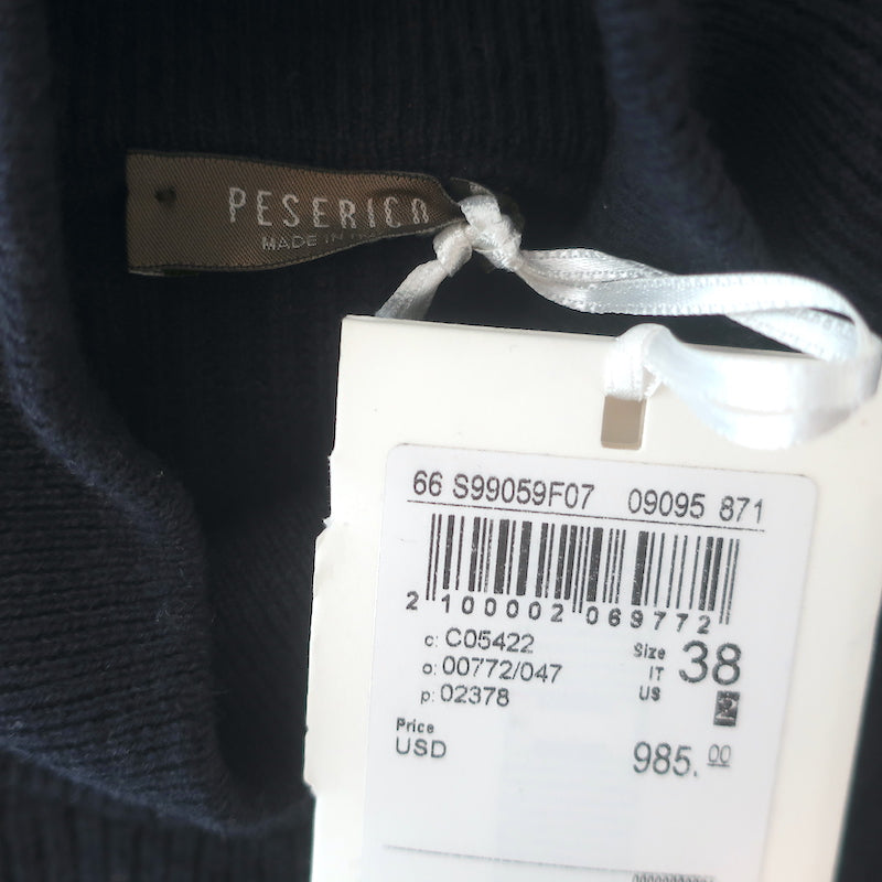 Peserico Lace-Sleeve Turtleneck Sweater Navy Ribbed Wool Size 38 NEW