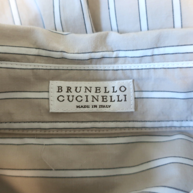 Brunello Cucinelli Monili Tab Cap Sleeve Shirt Taupe Striped Cotton Size Medium