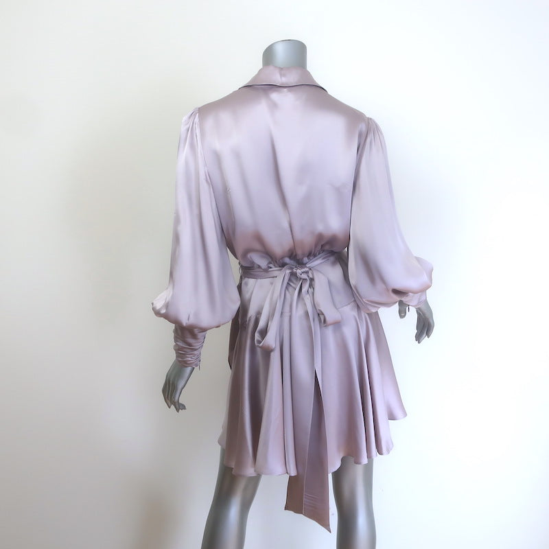 Zimmermann Blouson-Sleeve Mini Wrap Dress Lavender Silk Satin Size 2