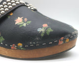 Saint Laurent Floral Print Studded Clogs Black Leather Size 39.5