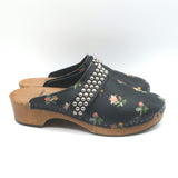 Saint Laurent Floral Print Studded Clogs Black Leather Size 39.5