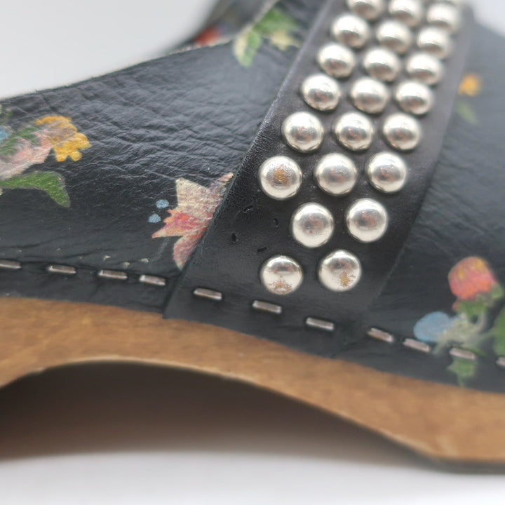 Saint Laurent Floral Print Studded Clogs Black Leather Size 39.5