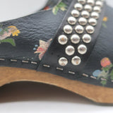 Saint Laurent Floral Print Studded Clogs Black Leather Size 39.5