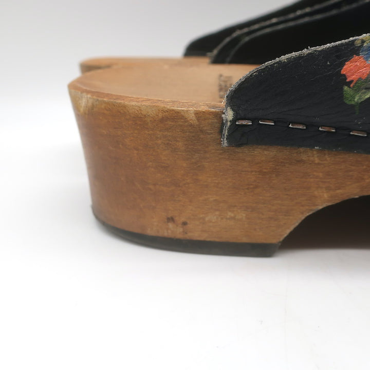 Saint Laurent Floral Print Studded Clogs Black Leather Size 39.5