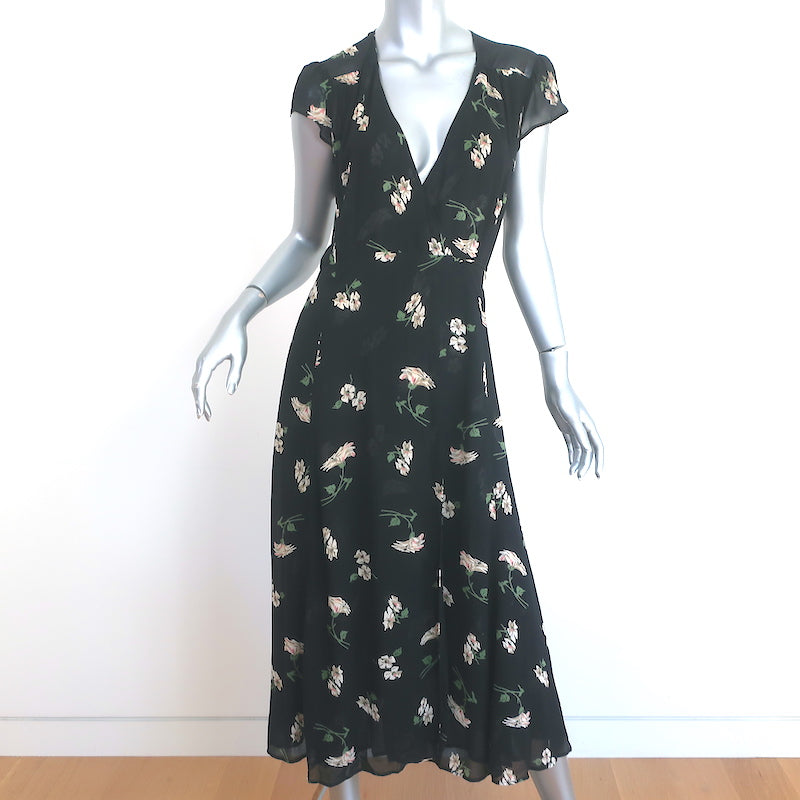 Reformation Carina Midi Wrap Dress Black Floral Print Crepe Size Small Celebrity Owned Reformation Carina Midi Wrap Dress Black Floral Print Crepe Size Small Celebrity Owned