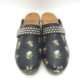 Saint Laurent Floral Print Studded Clogs Black Leather Size 39.5