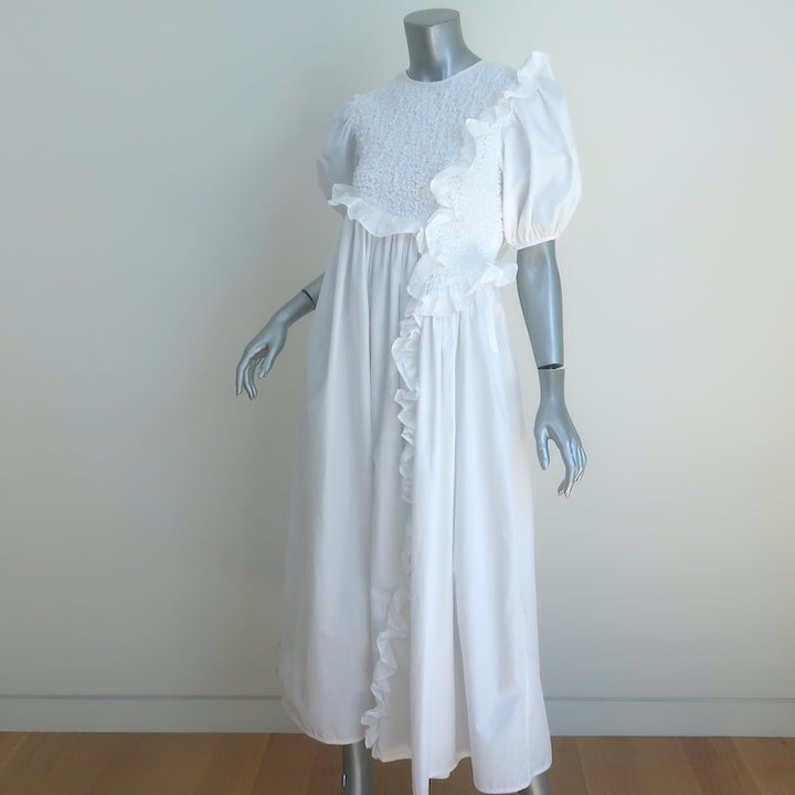 Cecilie Bahnsen Chloe Ruffled Midi Dress White Smocked Stretch Cotton Size US 2