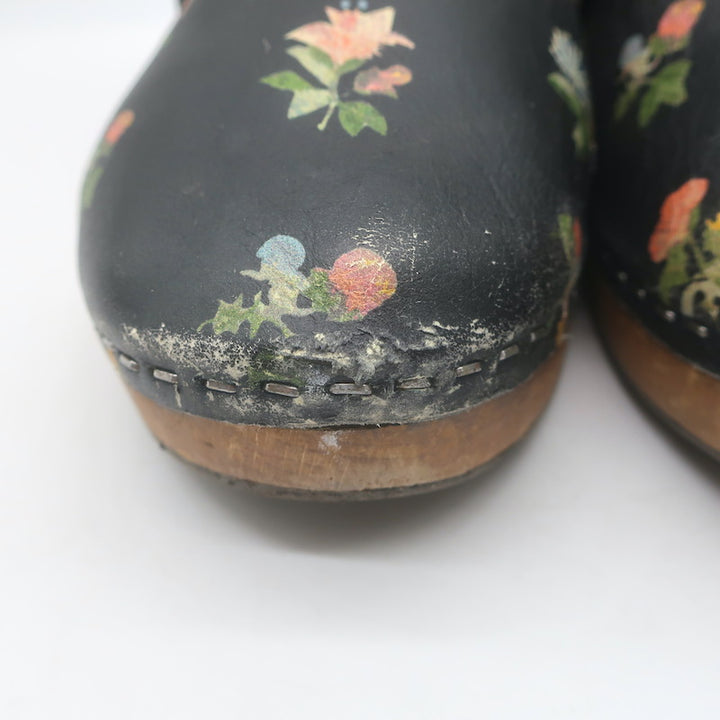 Saint Laurent Floral Print Studded Clogs Black Leather Size 39.5
