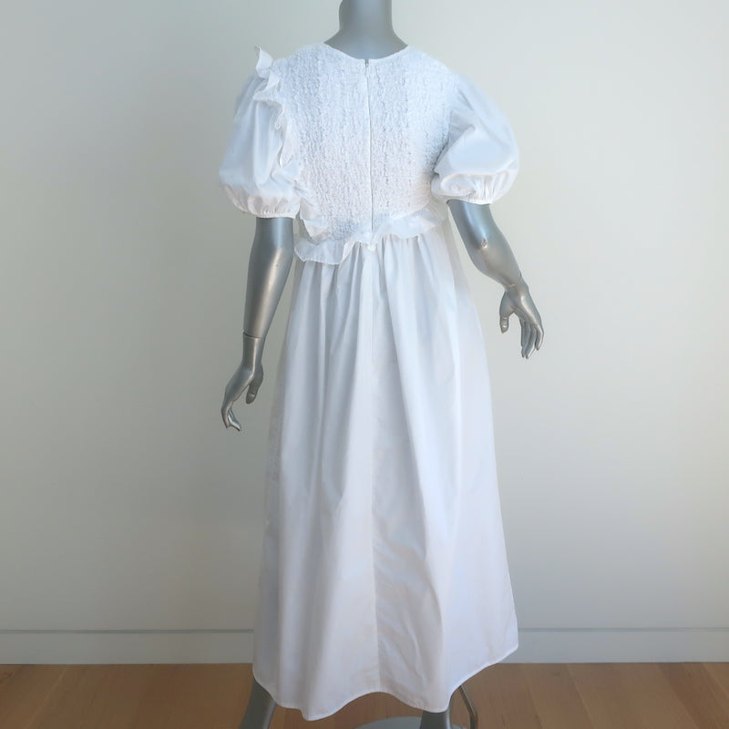 Cecilie Bahnsen Chloe Ruffled Midi Dress White Smocked Stretch Cotton Size US 2