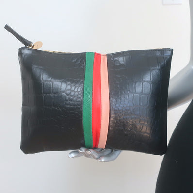 Clare V. Croc-Embossed Striped Flat Clutch Black Leather NEW