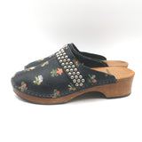 Saint Laurent Floral Print Studded Clogs Black Leather Size 39.5