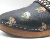 Saint Laurent Floral Print Studded Clogs Black Leather Size 39.5