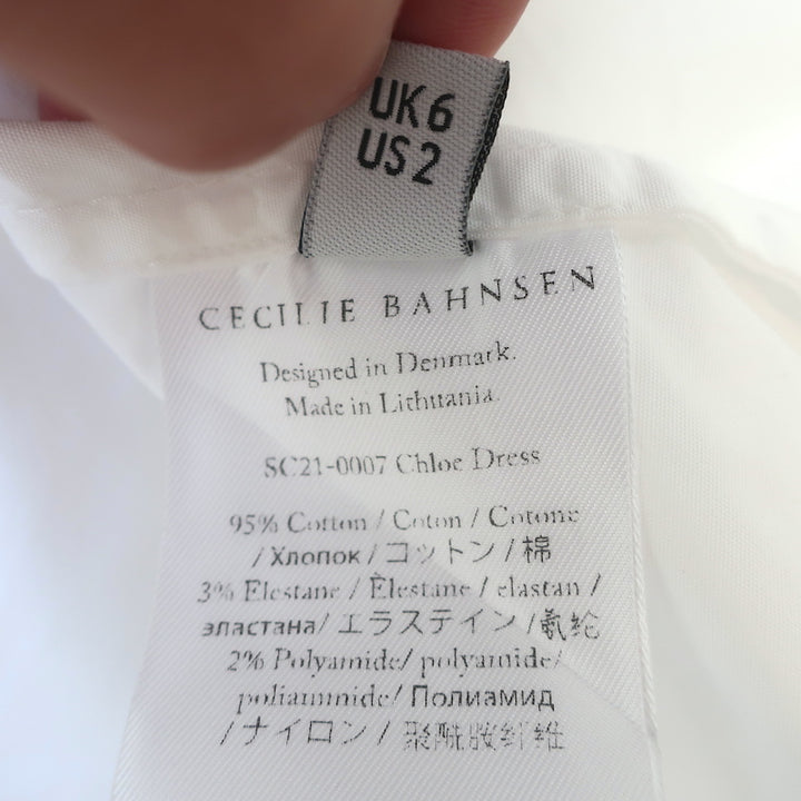 Cecilie Bahnsen Chloe Ruffled Midi Dress White Smocked Stretch Cotton Size US 2