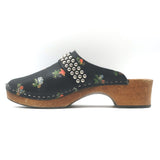 Saint Laurent Floral Print Studded Clogs Black Leather Size 39.5
