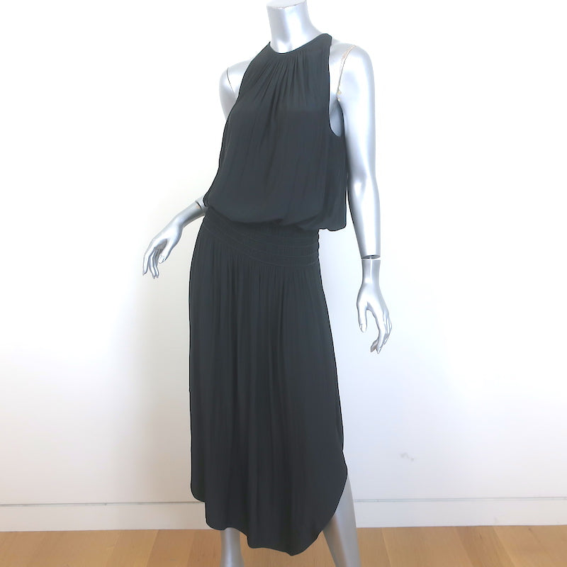 Ramy Brook Audrey Smocked Midi Dress Black Matte Satin Size Large