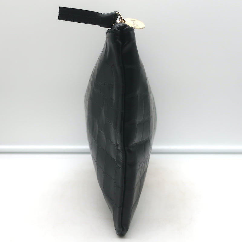 Clare V. Croc-Embossed Striped Flat Clutch Black Leather NEW