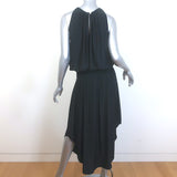 Ramy Brook Audrey Smocked Midi Dress Black Matte Satin Size Large