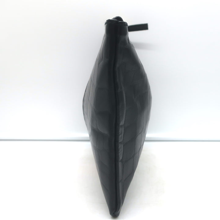 Clare V. Croc-Embossed Striped Flat Clutch Black Leather NEW