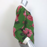 Gucci Collared Bow Blouse Green Rose Print Silk Crepe Size 42 Long Sleeve Top