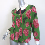 Gucci Collared Bow Blouse Green Rose Print Silk Crepe Size 42 Long Sleeve Top