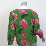 Gucci Collared Bow Blouse Green Rose Print Silk Crepe Size 42 Long Sleeve Top