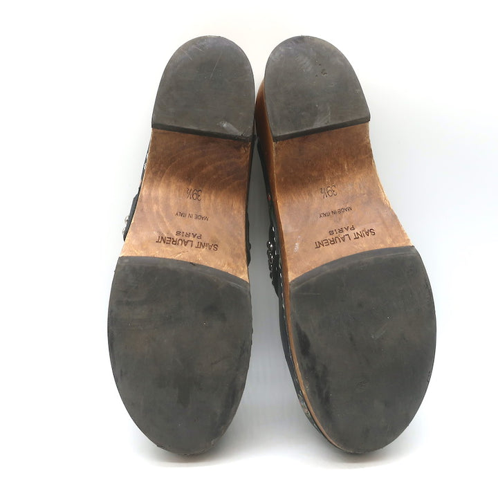 Saint Laurent Floral Print Studded Clogs Black Leather Size 39.5