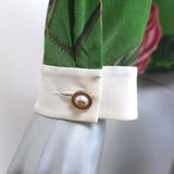Gucci Collared Bow Blouse Green Rose Print Silk Crepe Size 42 Long Sleeve Top
