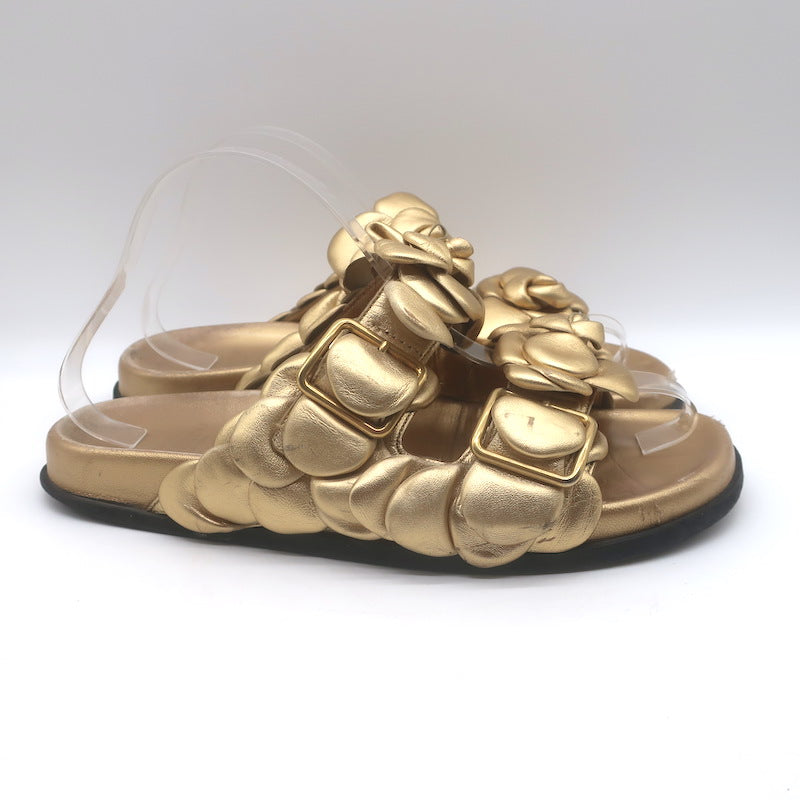 Valentino Atelier 03 Rose Edition Slide Sandals Gold Metallic Leather Size 39.5