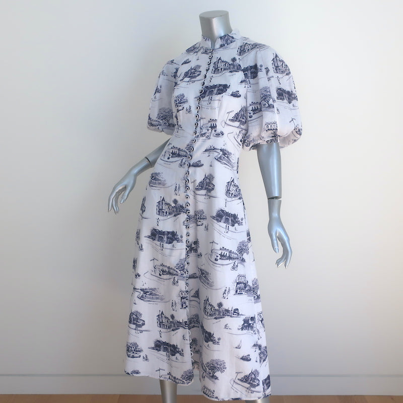Zimmermann Puff Sleeve Button-Front Midi Dress White Toile Print Linen Size 0