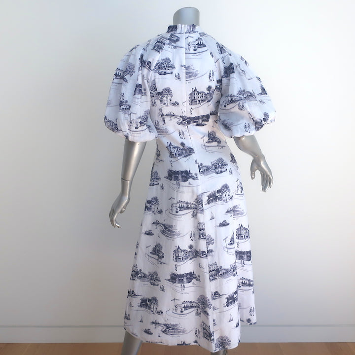 Zimmermann Puff Sleeve Button-Front Midi Dress White Toile Print Linen Size 0