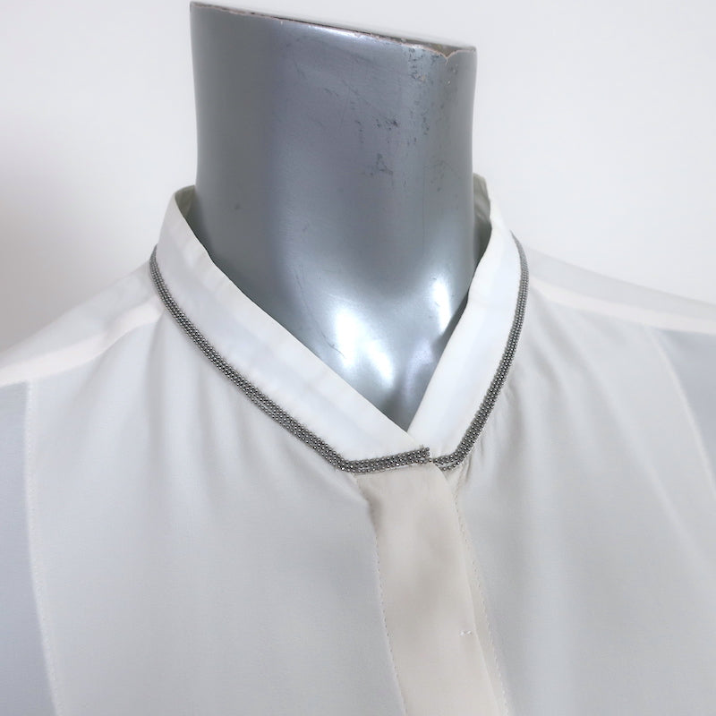 Brunello Cucinelli Monili-Trim Button Down Blouse Cream Stretch Silk Size Large