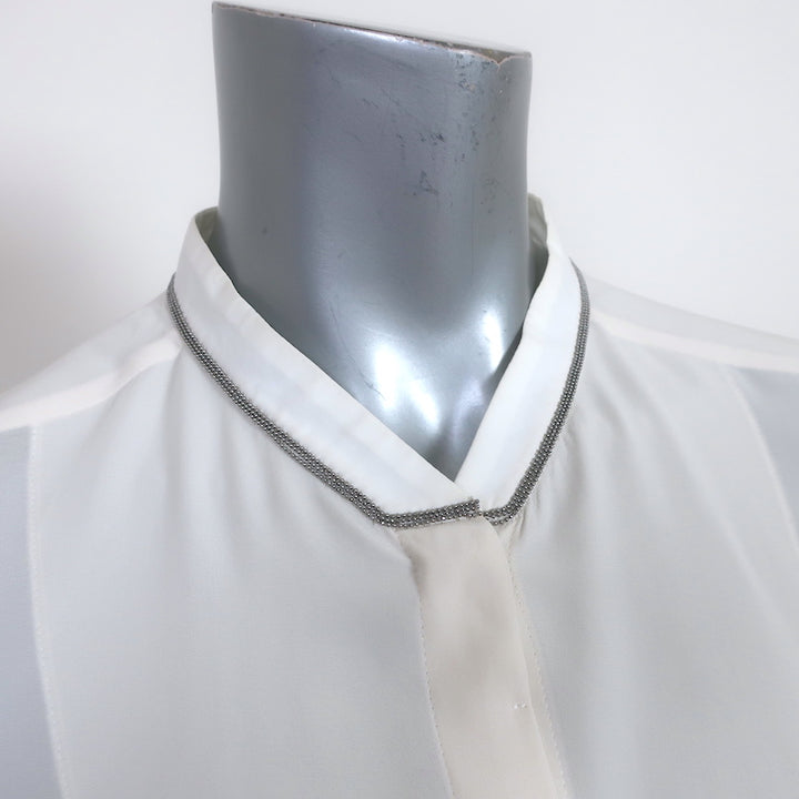 Brunello Cucinelli Monili-Trim Button Down Blouse Cream Stretch Silk Size Large