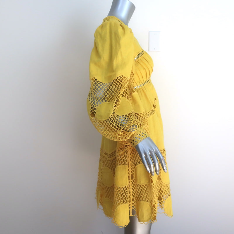 Ulla Johnson Titania Embroidered Long Sleeve Mini Dress Yellow Linen Size 0